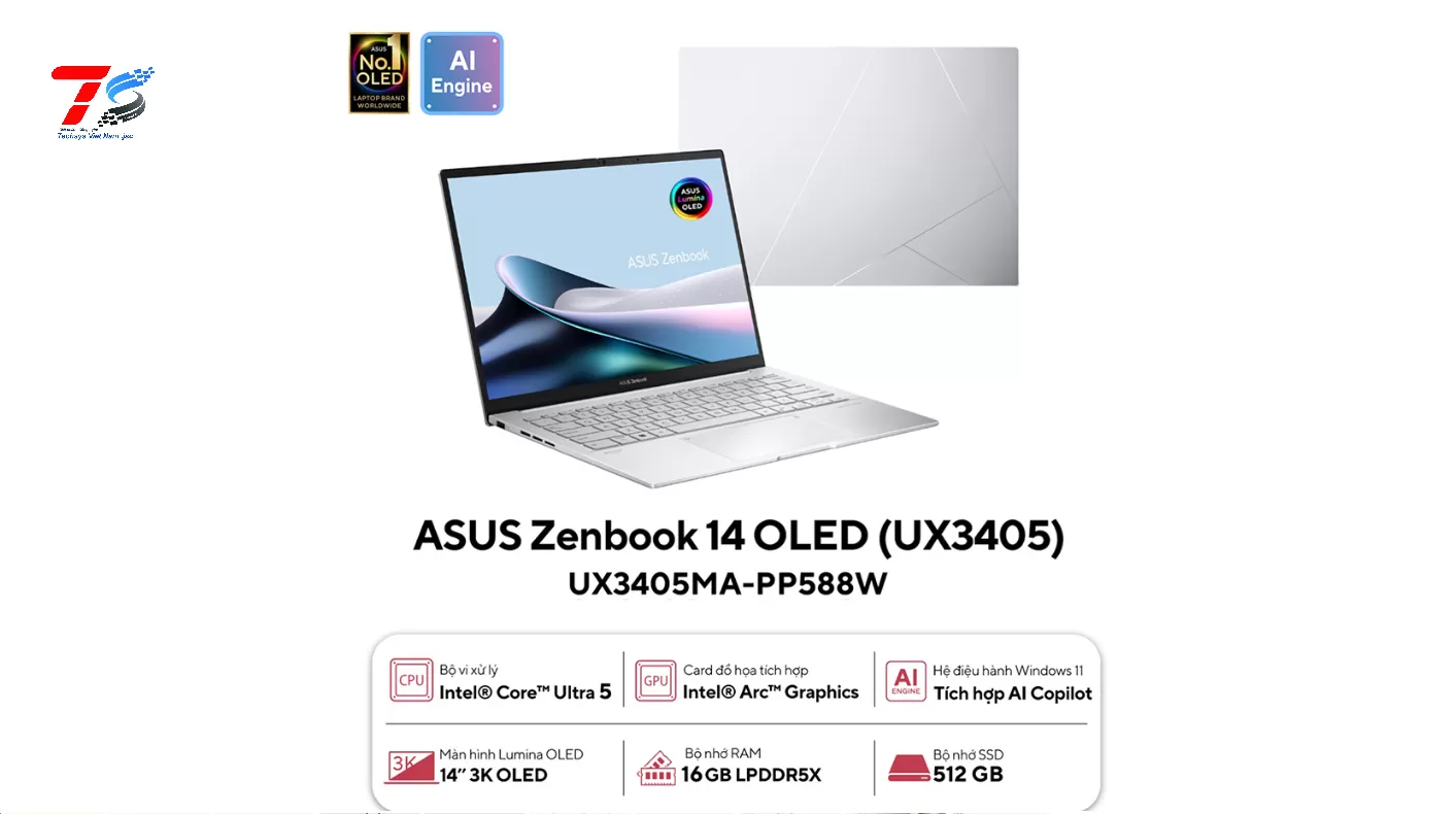 Laptop Asus Zenbook 14 OLED UX3405MA-PP588W (Intel Core Ultra 5 | 16GB | 512GB | Intel Arc | 14 inch 3K | W11H | Bạc Ánh Kim )